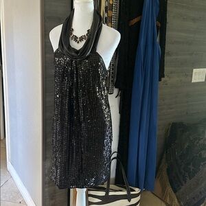 EUC Polecki Black Sequin Mini Halter Cocktail Dress Size 4